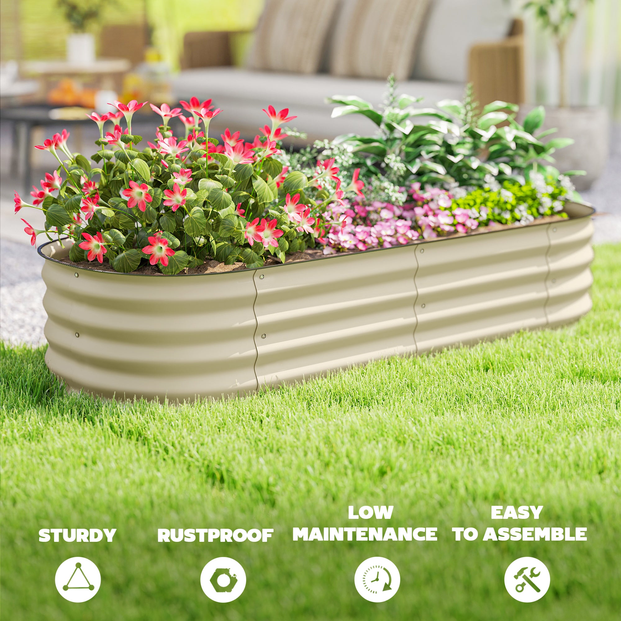 Outsunny Galvanised Raised Garden Bed, Metal Planter Box with Safety Edging, for Flowers, Herbs, Succulents, Cream White 