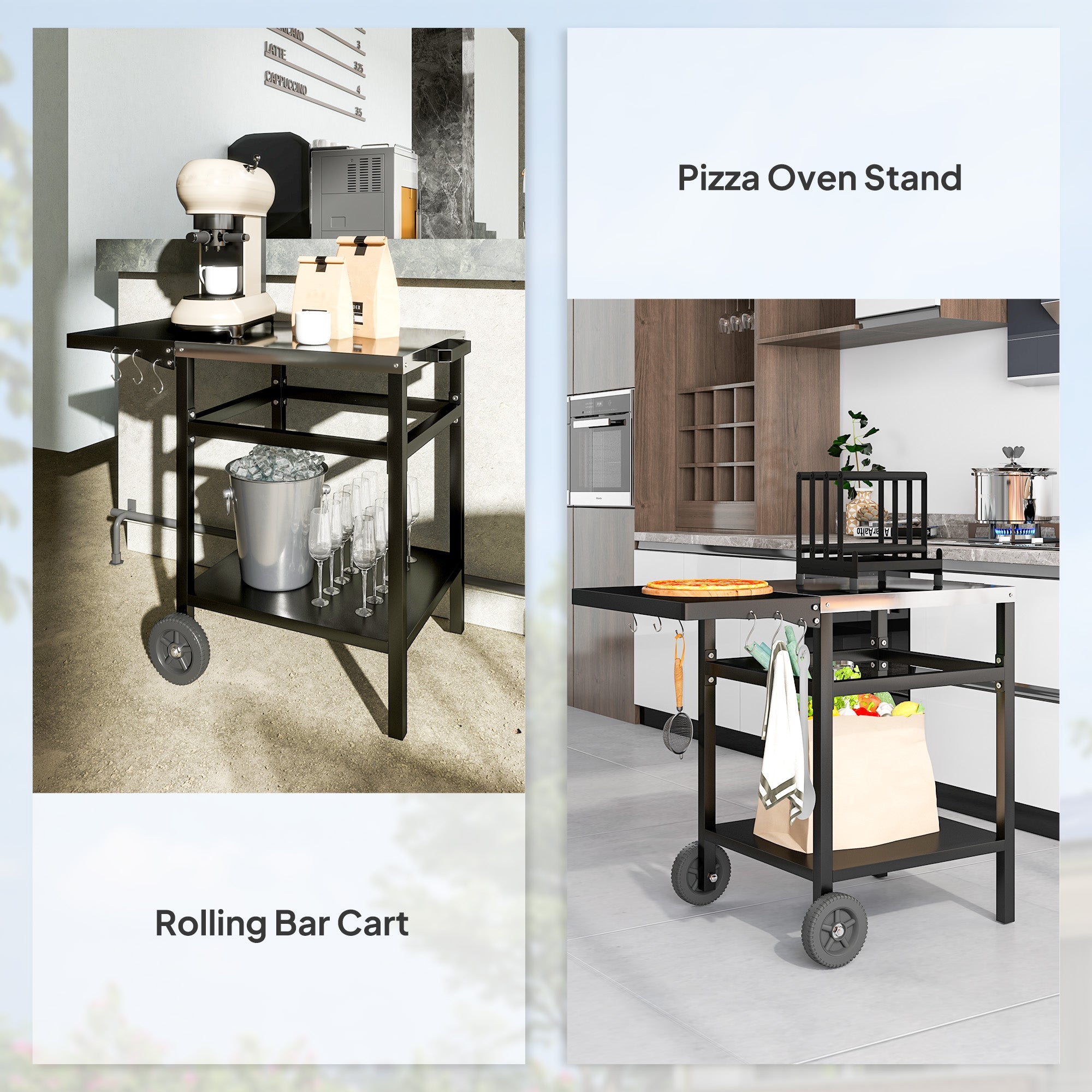 Outsunny BBQ Trolley with Stainless Steel Top and Foldable Side Table, Outdoor Kitchen BBQ Station with Hooks and Shelf, Pizza Oven Table Movable Outdoor Grill Dining Cart with Cover, Black 
