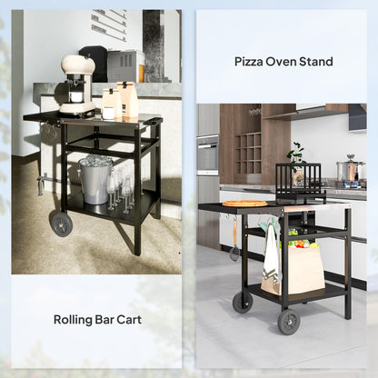 Outsunny BBQ Trolley with Stainless Steel Top and Foldable Side Table, Outdoor Kitchen BBQ Station with Hooks and Shelf, Pizza Oven Table Movable Outdoor Grill Dining Cart with Cover, Black 