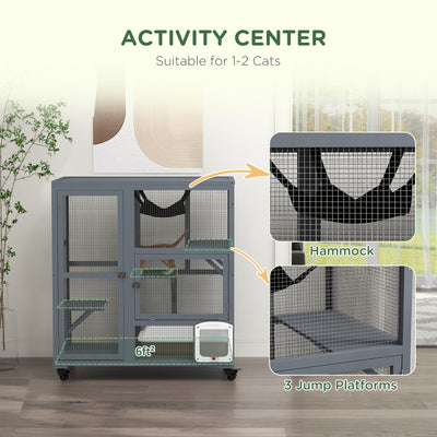 PawHut Cat House, Wooden Outdoor Catio Cat Enclosure on Wheels, Wooden Kitty Cage with Platforms, Hammock, Light Grey 