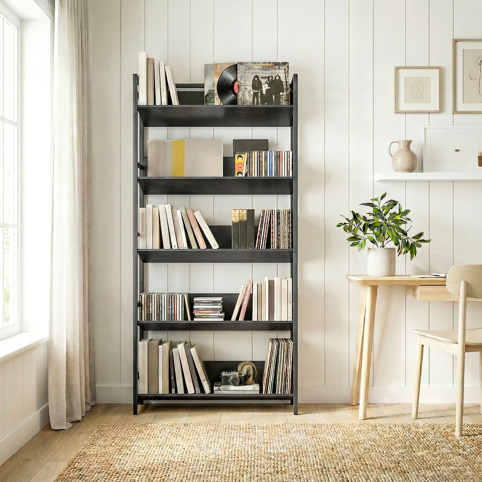 HOMCOM Bookshelf 5-Tier Metal Frame Bookcase Storage Shelves for Living Room Black 