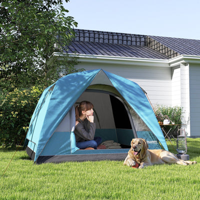 Outsunny 3-4 Person Camping Tent, Easy Set Up Waterproof Dome Tent with Sewn-in Groundsheet, Mesh Windows, Pocket and Hook for Camping, Hiking, Backpacking, Navy Blue and Light Blue 