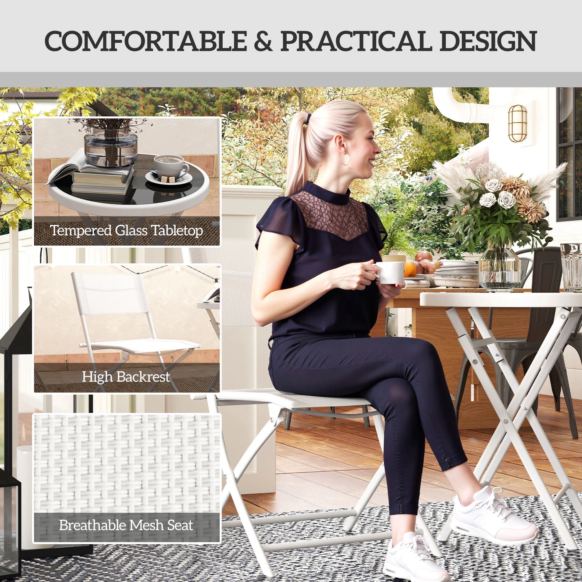 Outsunny 3 Pieces Outdoor Bistro Set, Glass Top Outdoor Table and 2 Folding Chairs with Protecting Feet, White 