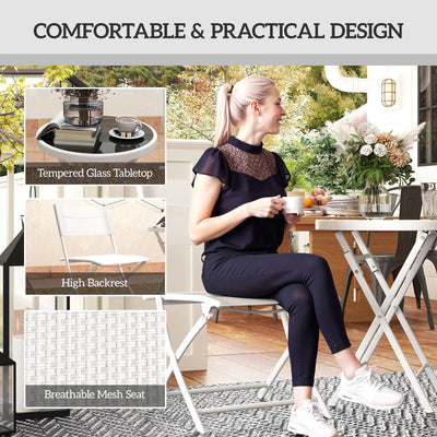 Outsunny 3 Pieces Outdoor Bistro Set, Glass Top Outdoor Table and 2 Folding Chairs with Protecting Feet, White 