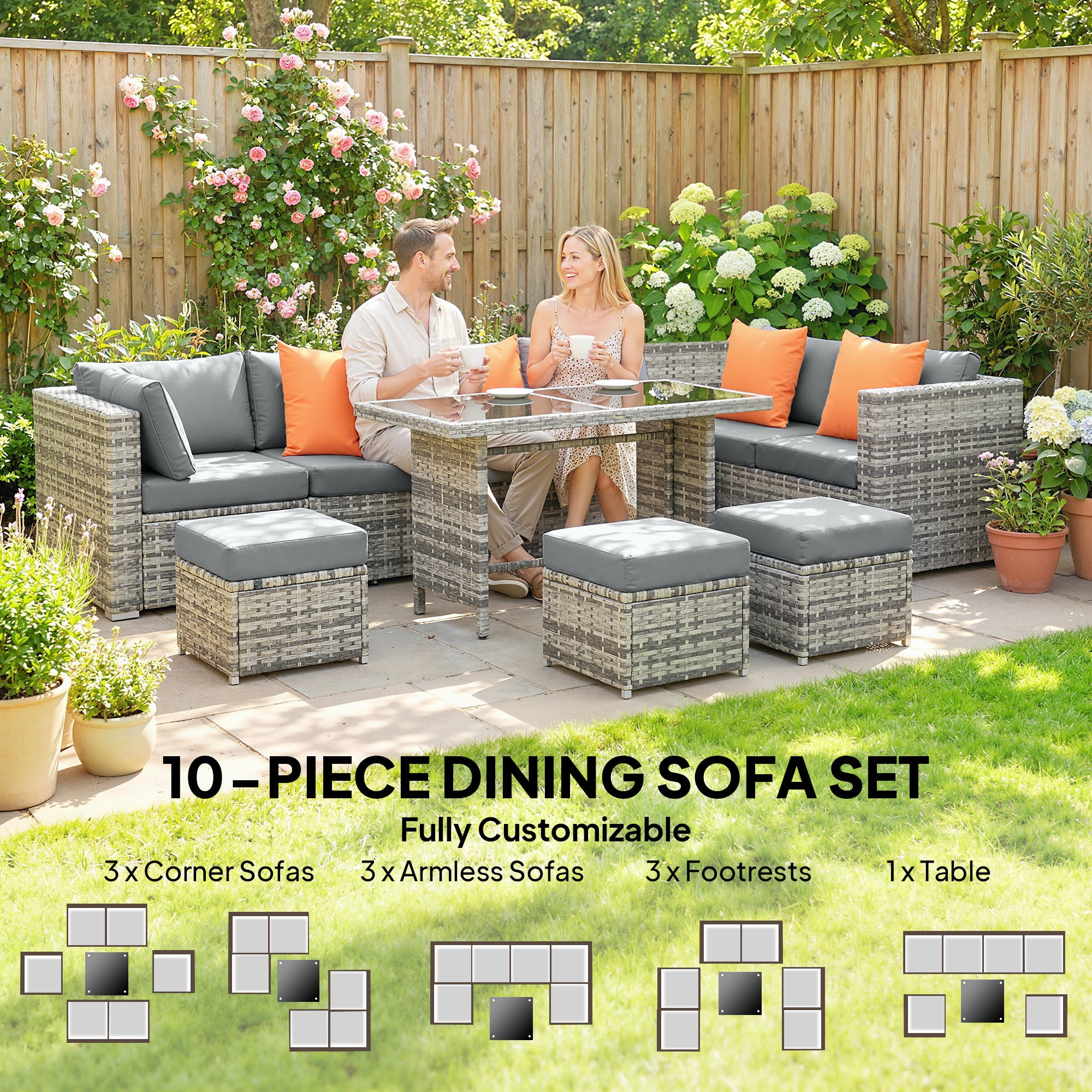 Outsunny 10 Piece Rattan Garden Furniture Set, 2 Corner Sofas with 4 Chairs, 4 Stools and Coffee Table, Outdoor Patio Furniture 