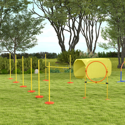 Pawhut Dog Agility Equipment Portable Pet Training Obstacle Set for Dogs 5 Pieces w/ Adjustable High Jumping Pole, Jumping Ring, Weave Poles, Tunnel 