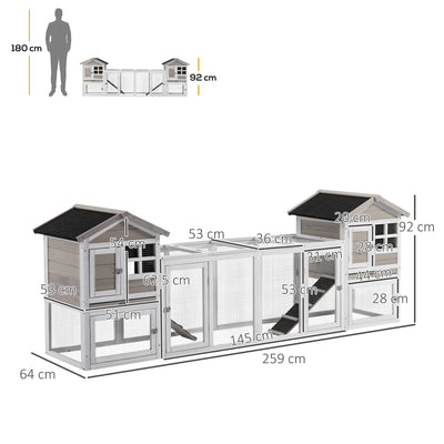 PawHut 2 in 1 Rabbit Hutch Outdoor Guinea Pig Hutch Bunny Run Double Main House with Run, No-Leak Tray 259 x 64 x 92cm, Grey 
