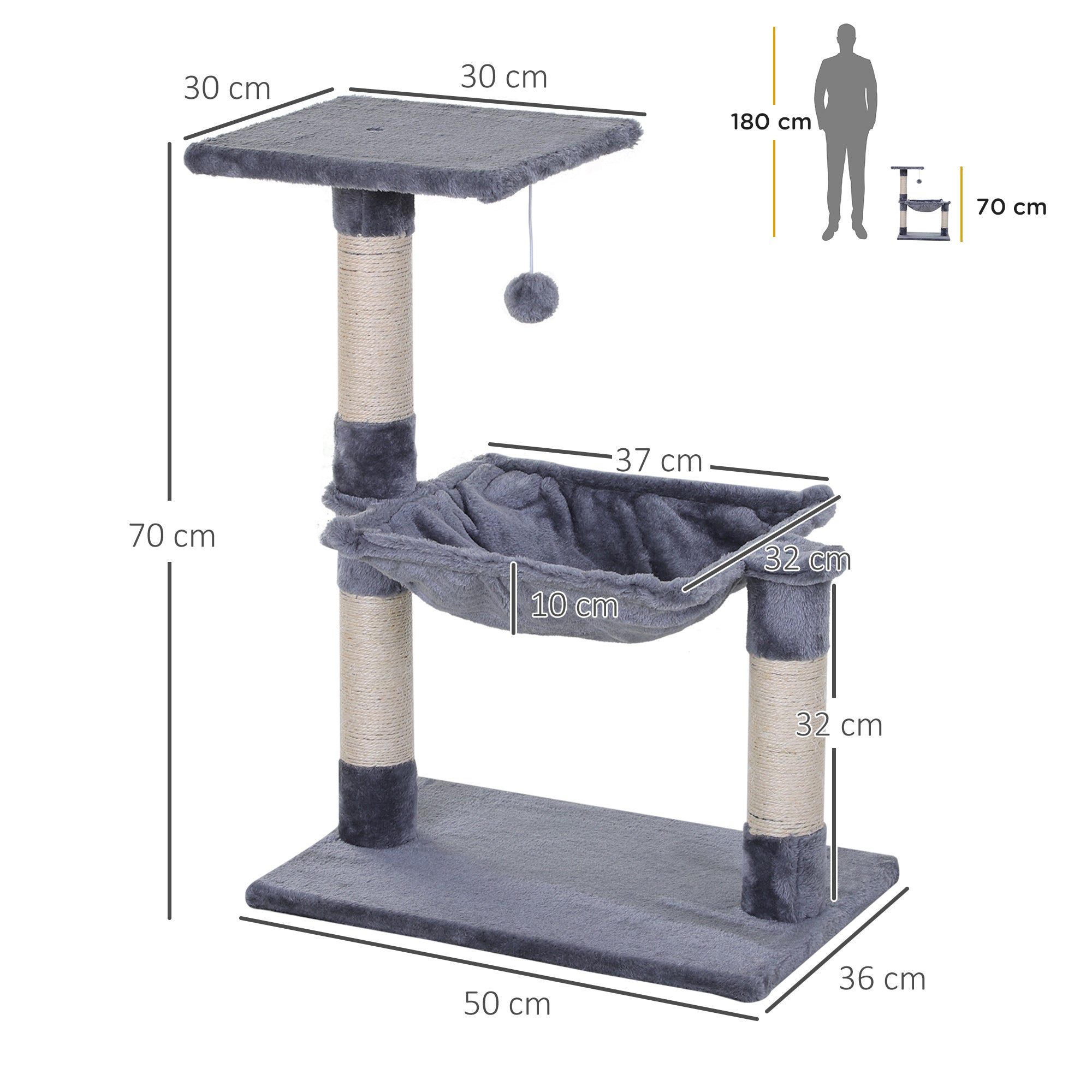 PawHut Cat Scratch Post with Bed Cat Tree for Indoor Cats Sisal Scratching Posts Hammock Kitty Activity Centre Grey 