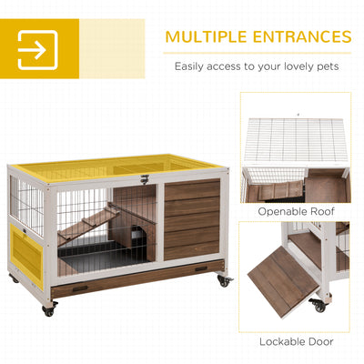 PawHut Wooden Guinea Pig Hutch, 2-Floor Bunny Cage w/ Enclosed Run Area, Brown 