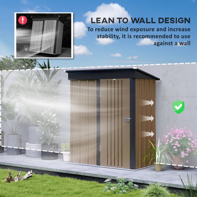 Outsunny Metal Garden Shed, Outdoor Lean-to Shed for Tool Motor Bike, with Adjustable Shelf, Lock, Gloves, 5'x3'x6', Brown 