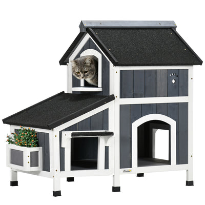 PawHut Wooden Cat House with Flower Pot, Windows, Multiple Entrances, Water-Resistant Roof for Outdoor - Grey 