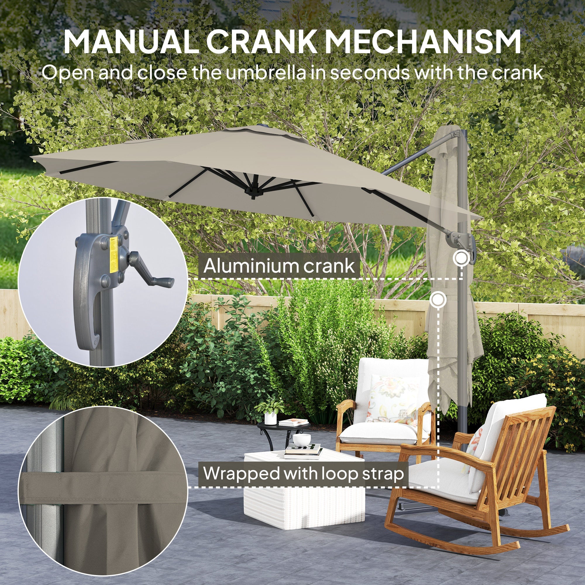 Outsunny 3 x 3(m) Cantilever Parasol with Cross Base, Garden Umbrella with 360° Rotation, Crank Handle and Tilt for Outdoor, Light Grey 