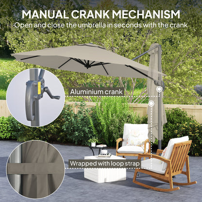 Outsunny 3 x 3(m) Cantilever Parasol with Cross Base, Garden Umbrella with 360° Rotation, Crank Handle and Tilt for Outdoor, Light Grey 