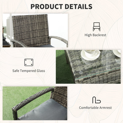Outsunny 3 Pieces Rattan Bistro Set, Wicker Garden Furniture Set with Glass Top Coffee Table and Chairs, Washable Cushions for Outdoor, Patio, Balcony, Mixed Grey 