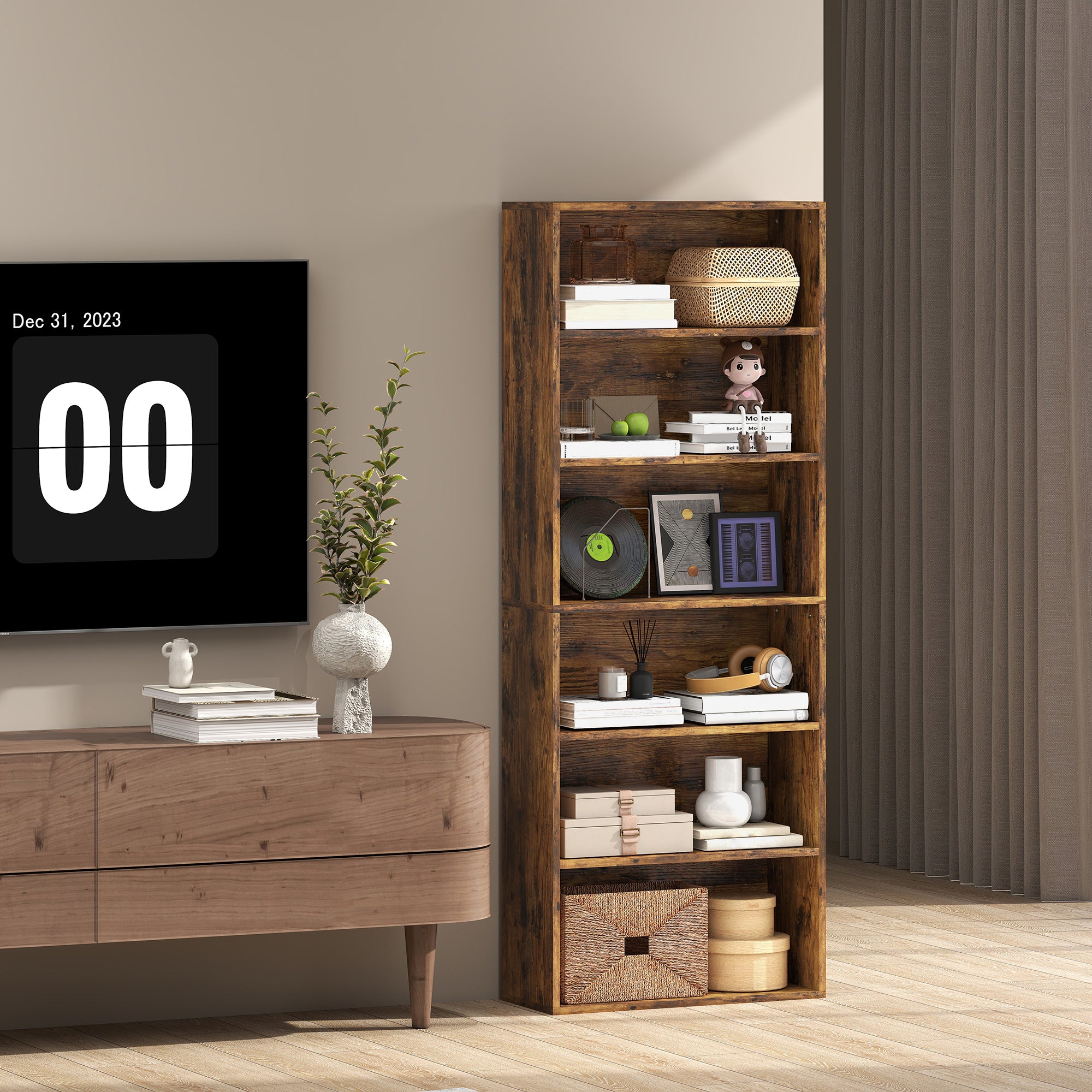 HOMCOM Six Shelf Bookcase - Rustic Brown 