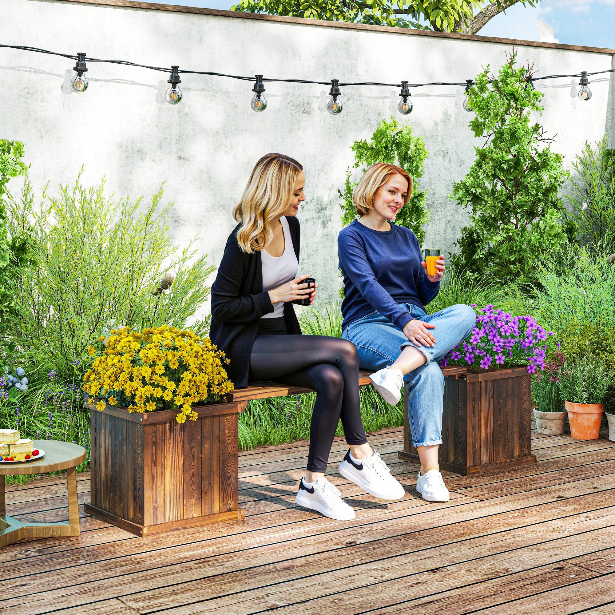 Outsunny Wooden Garden Planter & Bench Combination Garden Raised Bed Patio Park Carbonised Finish 176 x 38 x 40 cm 