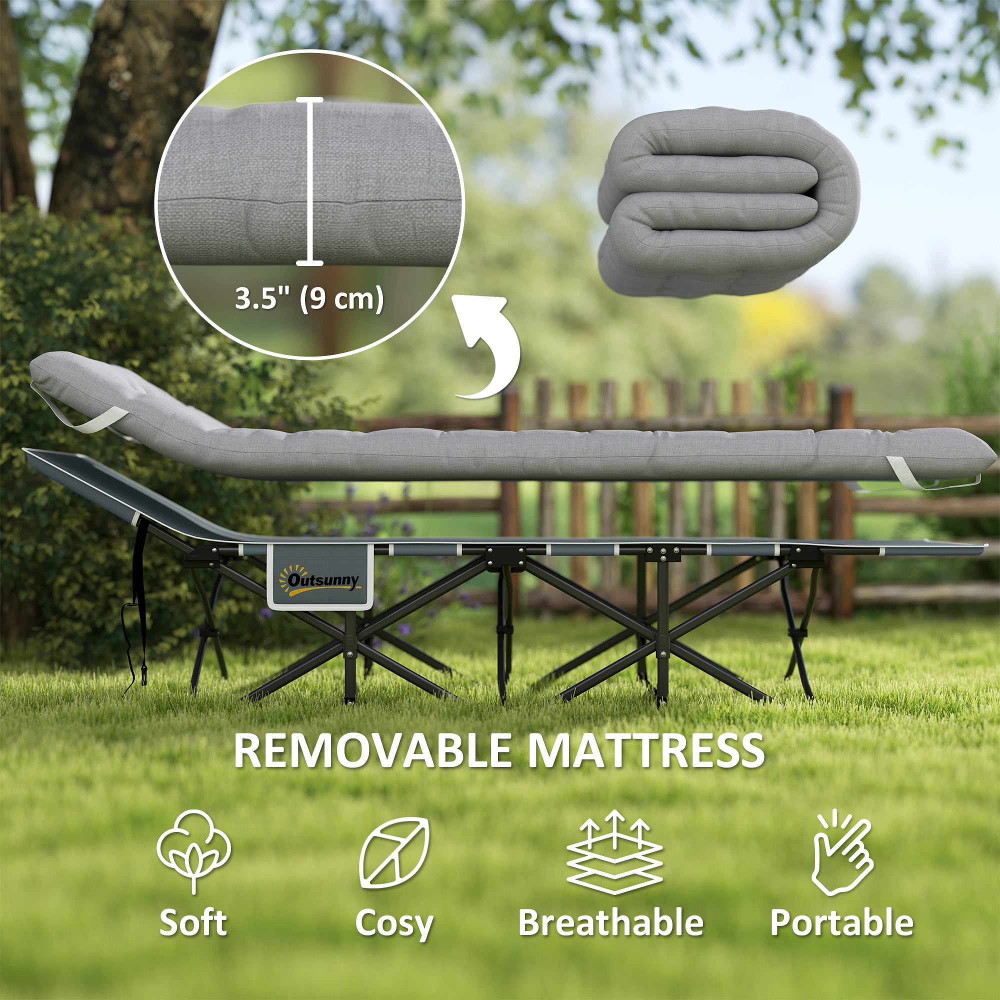 Outsunny 68cm Wide Folding Bed, Camping Cot for Adults with Mattress, Carry Bag, Storage Pocket, Max Load 150kg, Light Grey 