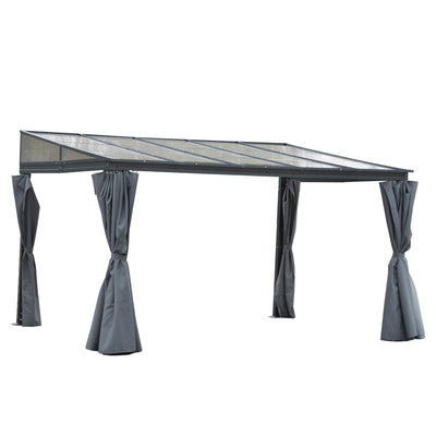 Outsunny 4 x 3(m) Outdoor Hardtop Gazebo with Curtains, Lean to Aluminium Pergola with Polycarbonate Roof, Garden Pavilion Sun Shade Shelter, Grey 