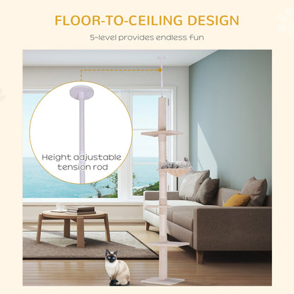 PawHut Floor to Ceiling Cat Tree for Indoor Cats 5-Tier Kitty Tower Climbing Activity Center Scratching Post Adjustable Height 230-260 cm Beige 
