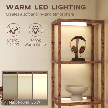 HOMCOM LED Floor Lamp with Glass Shelves, 4 Layers Dimmable Tall Standing Lamp, Modern Column Shelf Floor Light for Living Room, Bedroom, Office, Rustic Brown