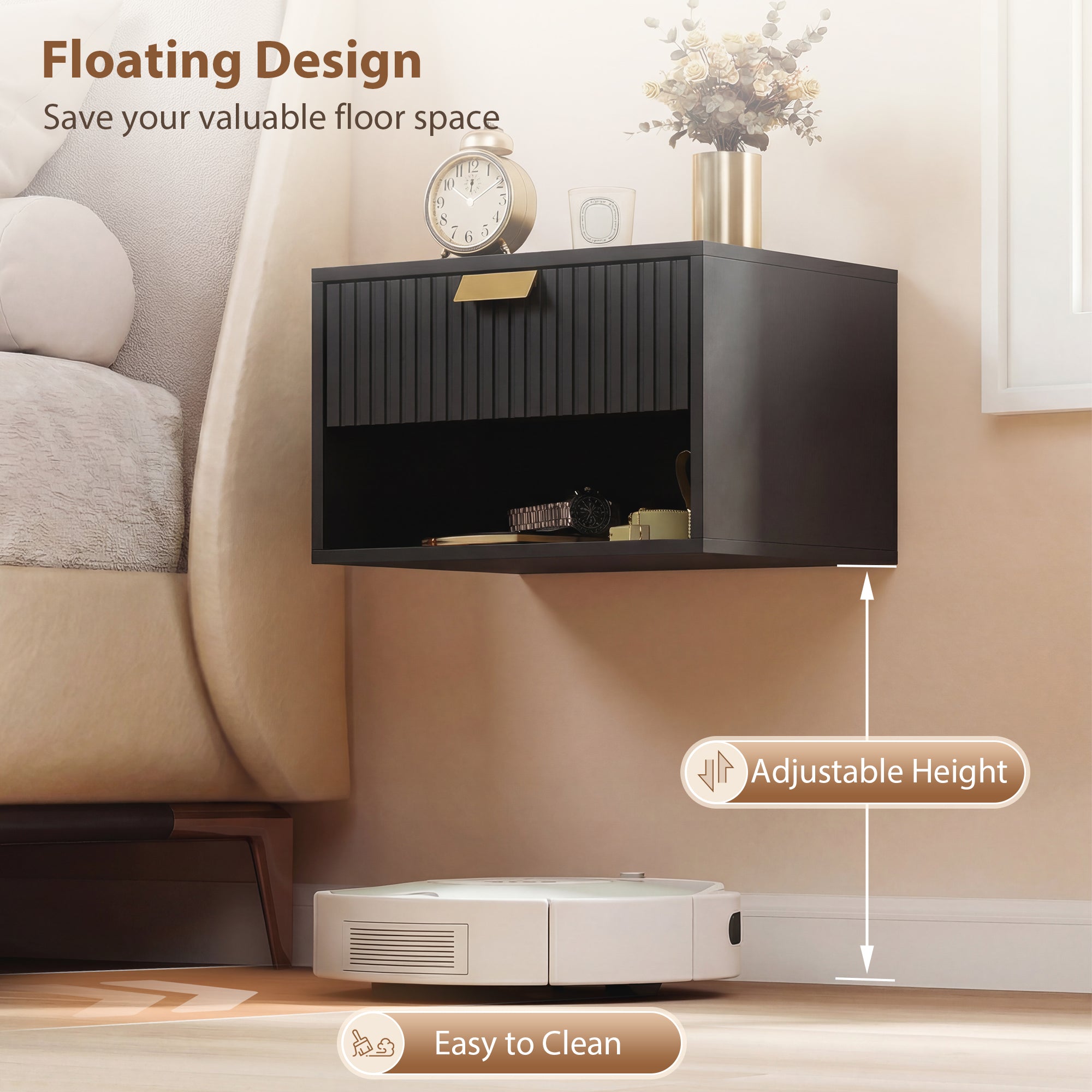 HOMCOM Set of 2 Wall Mounted Nightstands, Floating Bedside Tables with Fluted Drawer and Open Shelf for Small Bedroom, Black 