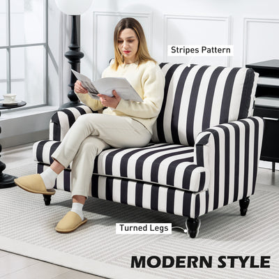 HOMCOM Modern Cuddle Chair, Velvet Single Sofa Armchair with Stripe, Turned Legs and Wide Seat, Upholstered Snuggle Chair for Living Room, Bedroom, Black and White 