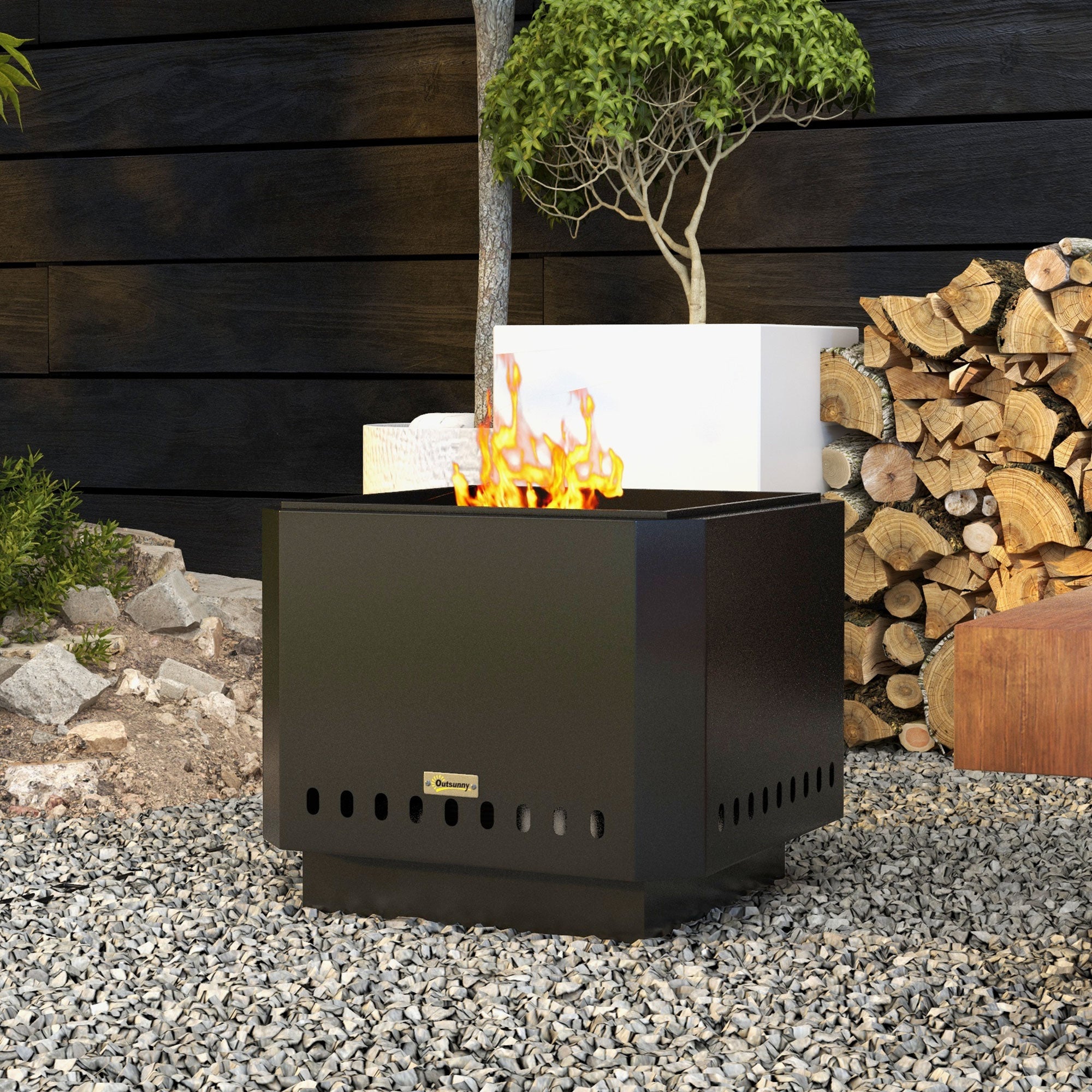 Outsunny Smokeless Fire Pit, 48 cm Portable Wood Burning Firepit, Square Metal Bonfire Stove with Poker, Black 