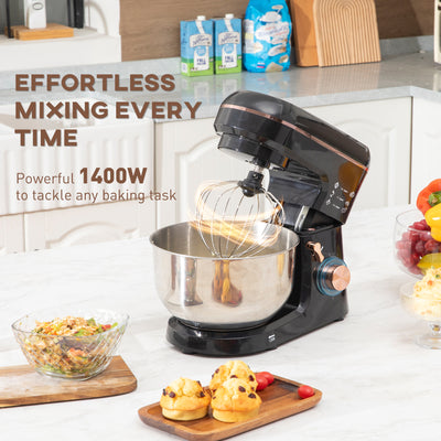 HOMCOM Stand Mixer, 5L Food Mixer for Baking, 6 Speeds and Pulse Setting, 1400W Cake Electric Kitchen Mixer with Dough Hook, Whisk, Stainless Steel Bowl, Splash Guard, Beater, Black 