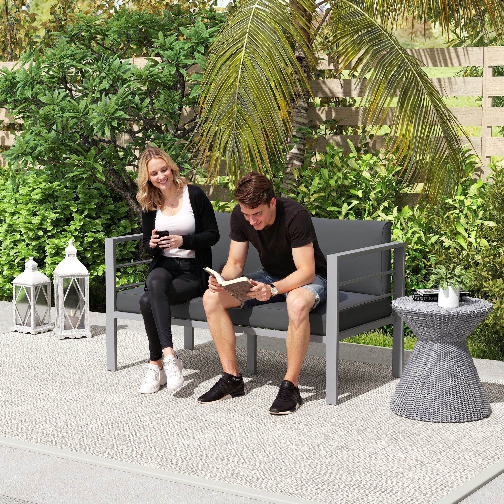 Outsunny Two-Seater Aluminium Garden Sofa - Grey 