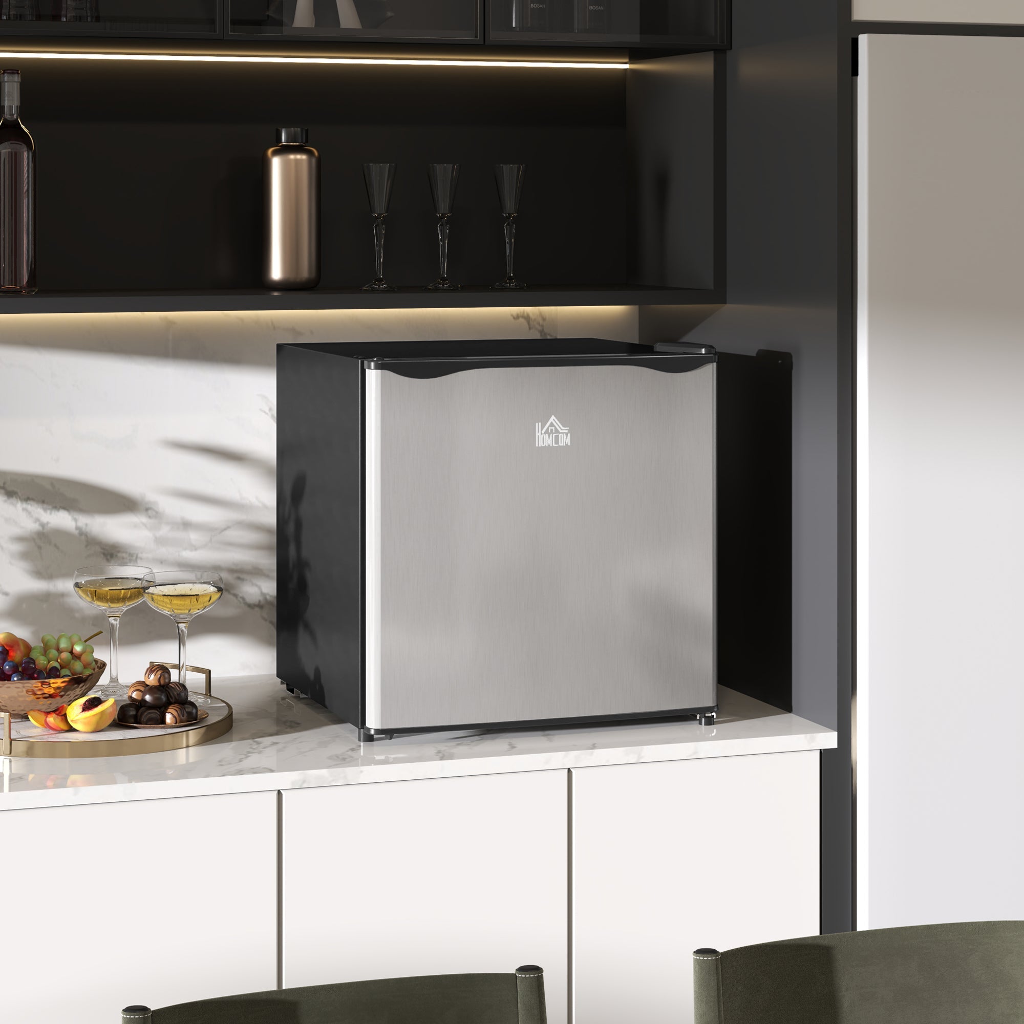 HOMCOM 46 Litre Table Top Mini Fridge, Small Fridge with Ice Box, Reversible Door, Adjustable Temperature and Legs for Bedrooms, Home Office, Silver Tone 