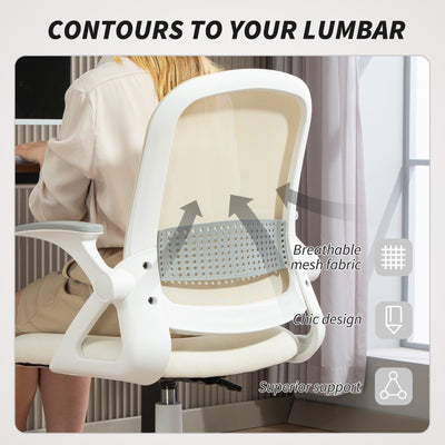 HOMCOM Breathable Mesh Office Chair, Ergonomic Swivel Computer Chair with Flip-up Armrests, Lumbar Back Support for Home/Office, White 