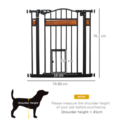 PawHut Pet Gate Safety Gate, with Cat Flap, Auto Close, for Staircases, Doorways, Hallways, 74-80cm Wide - Black 