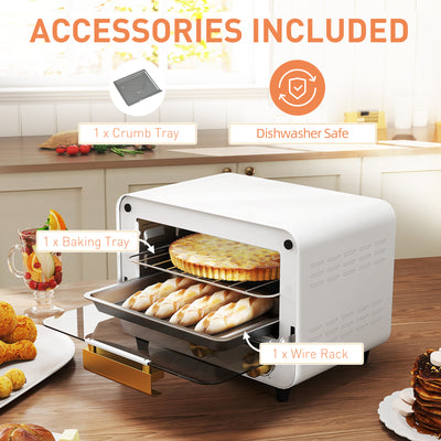 HOMCOM Small Toaster Oven, 12L Multifunction Mini Countertop Oven with Glass Door, Adjustable Temperature and Timer, Accessory Included, 750W, White 