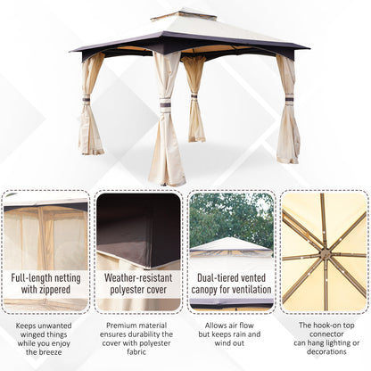 Outsunny 3.2 x 3.2m Garden Gazebo, Double Roof Outdoor Gazebo Canopy Shelter with Netting, Solid Steel Frame for Garden, Lawn, Backyard and Deck 