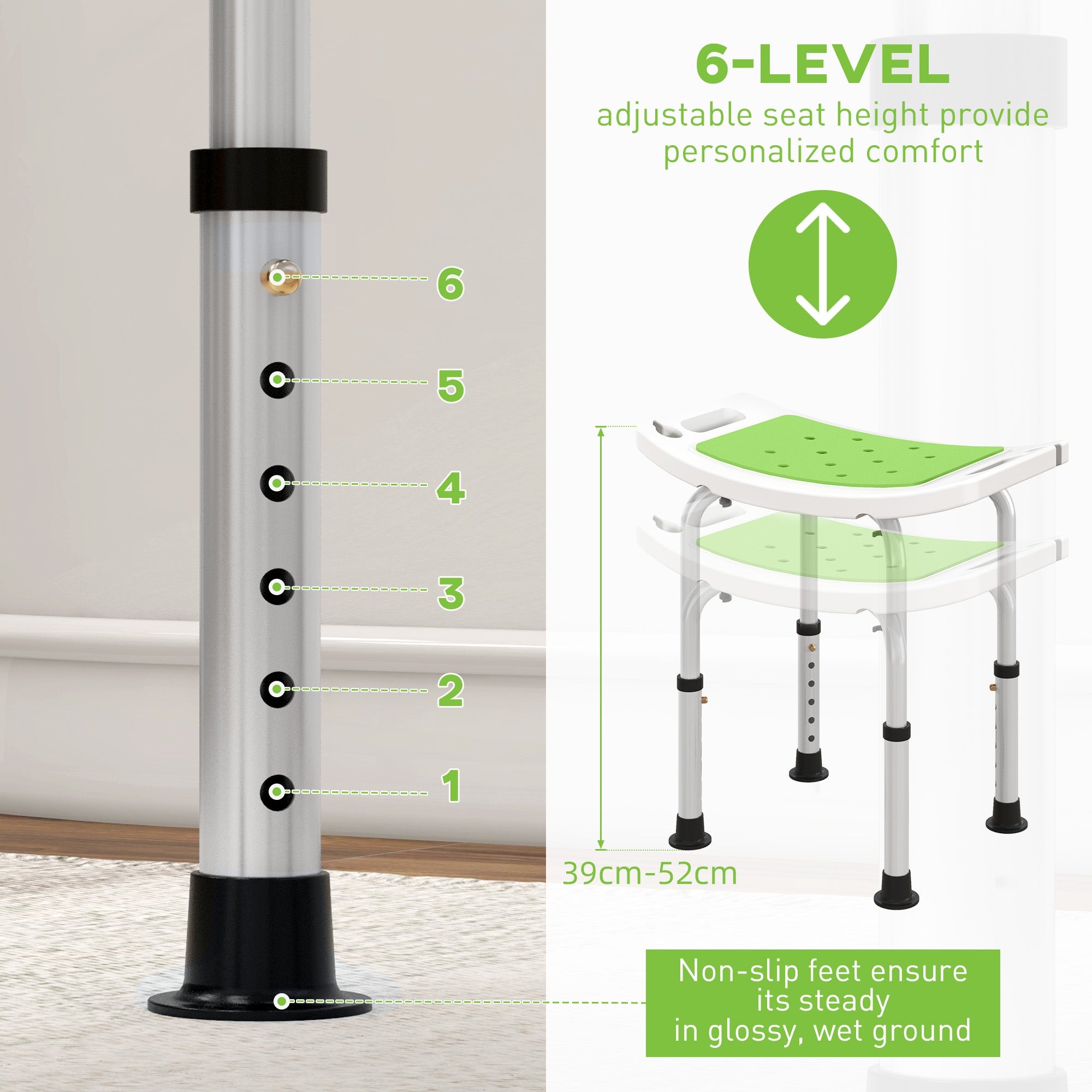 HOMCOM 6-Level Height Adjustable Aluminium Bath Room Stool Chair Shower Non-Slip Design w/ Padded Seat Drainage Holes Foot Pad, Green 
