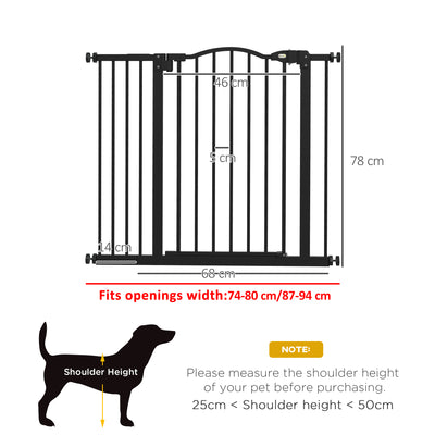 PawHut Metal 74-94cm Adjustable Pet Gate Safety Barrier w/ Auto-Close Door Black 