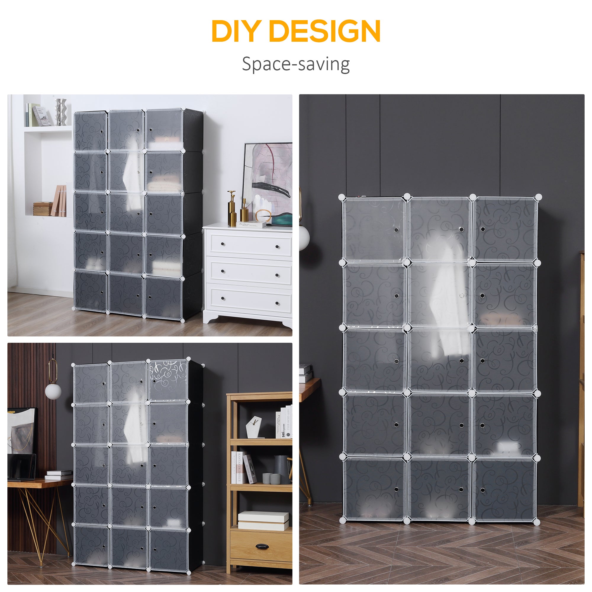 HOMCOM Portable Wardrobe for Bedroom, 15 Cube Closet with Hanging Rail, Modular Storage Cabinet, Plastic Armoire for Space Saving, White and Black 