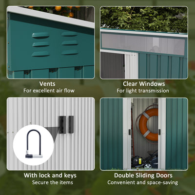 Outsunny 6.5 x 4FT Galvanised Metal Shed with Foundation Kit, Lockable Tool Garden Shed with Double Sliding Doors, Vents, Green 