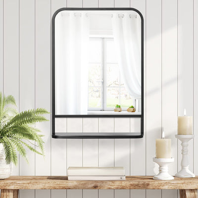 HOMCOM Modern Square Wall Mirror with Storage Shelf, 70 x 50 cm Mirrors for Living Room, Bedroom, Black 