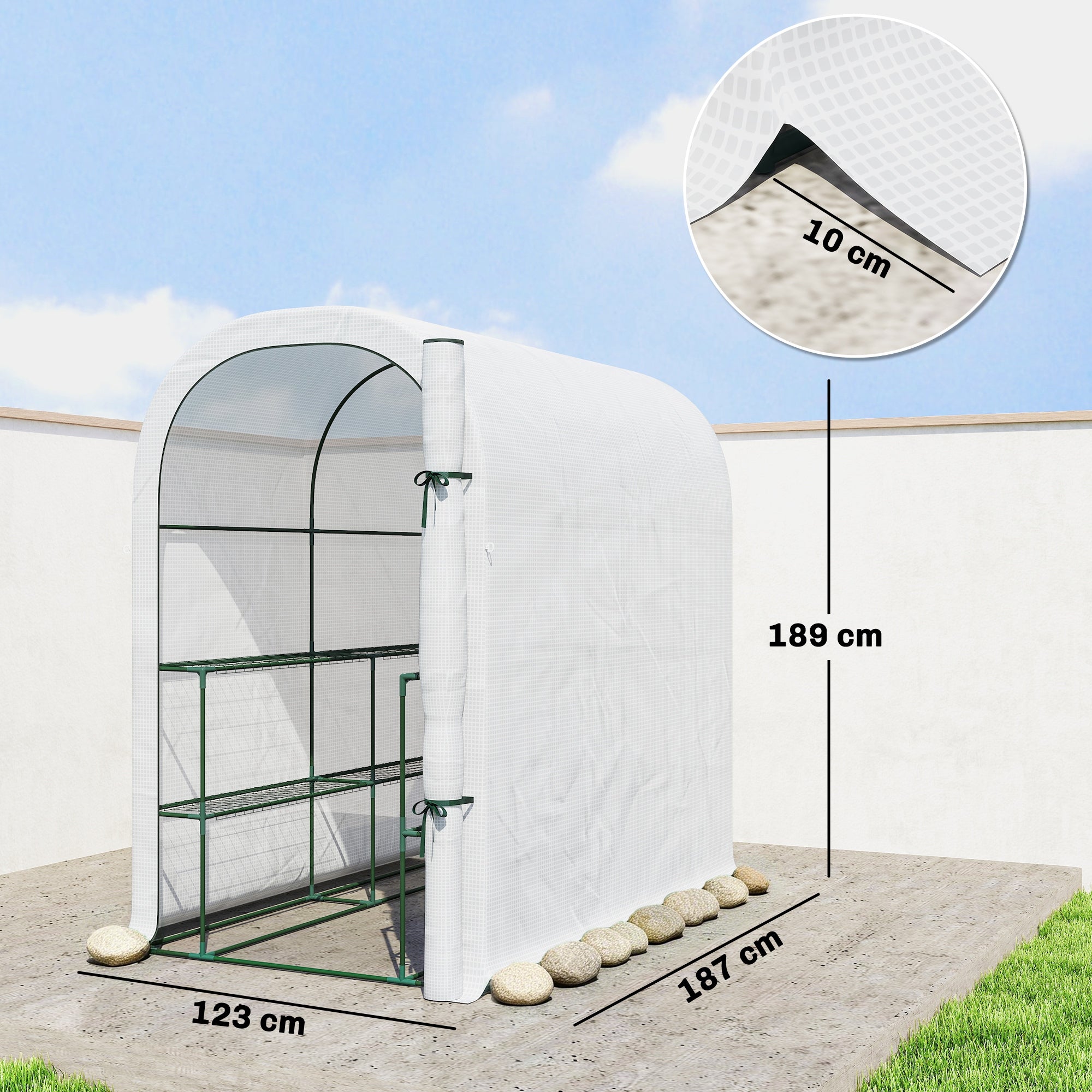 Outsunny Walk-in Greenhouse with Shelves, Small Greenhouse with PE Cover and Roll-up Door, 123 x 187 x 189 cm, White 