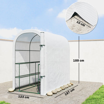 Outsunny Walk-in Greenhouse with Shelves, Small Greenhouse with PE Cover and Roll-up Door, 123 x 187 x 189 cm, White 