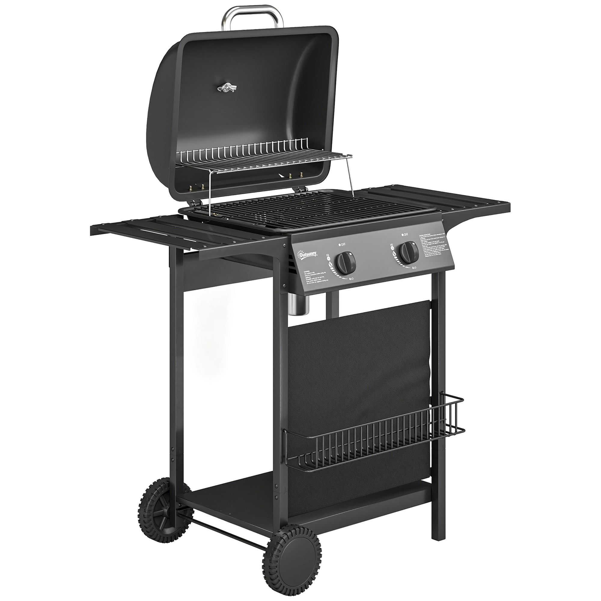 Outsunny Gas Burner Barbecue Grill, 2 Burner Gas Grill with Side Tables, Warming Rack, Shelf, Thermometer, Grease Tray, Black 