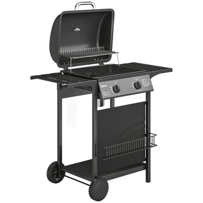 Outsunny Gas Burner Barbecue Grill, 2 Burner Gas Grill with Side Tables, Warming Rack, Shelf, Thermometer, Grease Tray, Black 