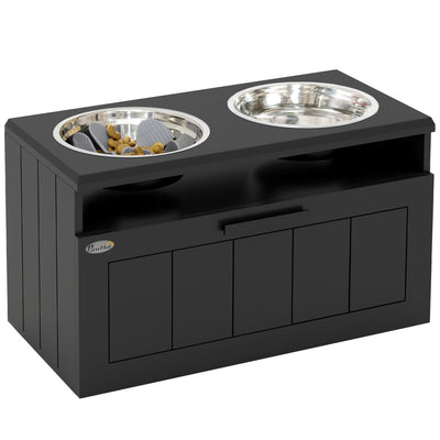 PawHut Raised Dog Bowl with Slow Feeder & 2 Stainless Steel Dog Bowl, 25L Storage Drawer, for Large & Extra Large Dogs, Black 