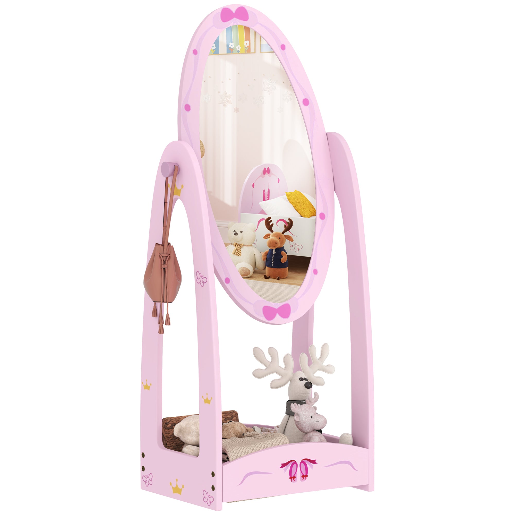 AIYAPLAY Kids Full Length Mirror, 360\'c2\'b0 Rotating Children Standing Mirror with Storage Shelf, Pink