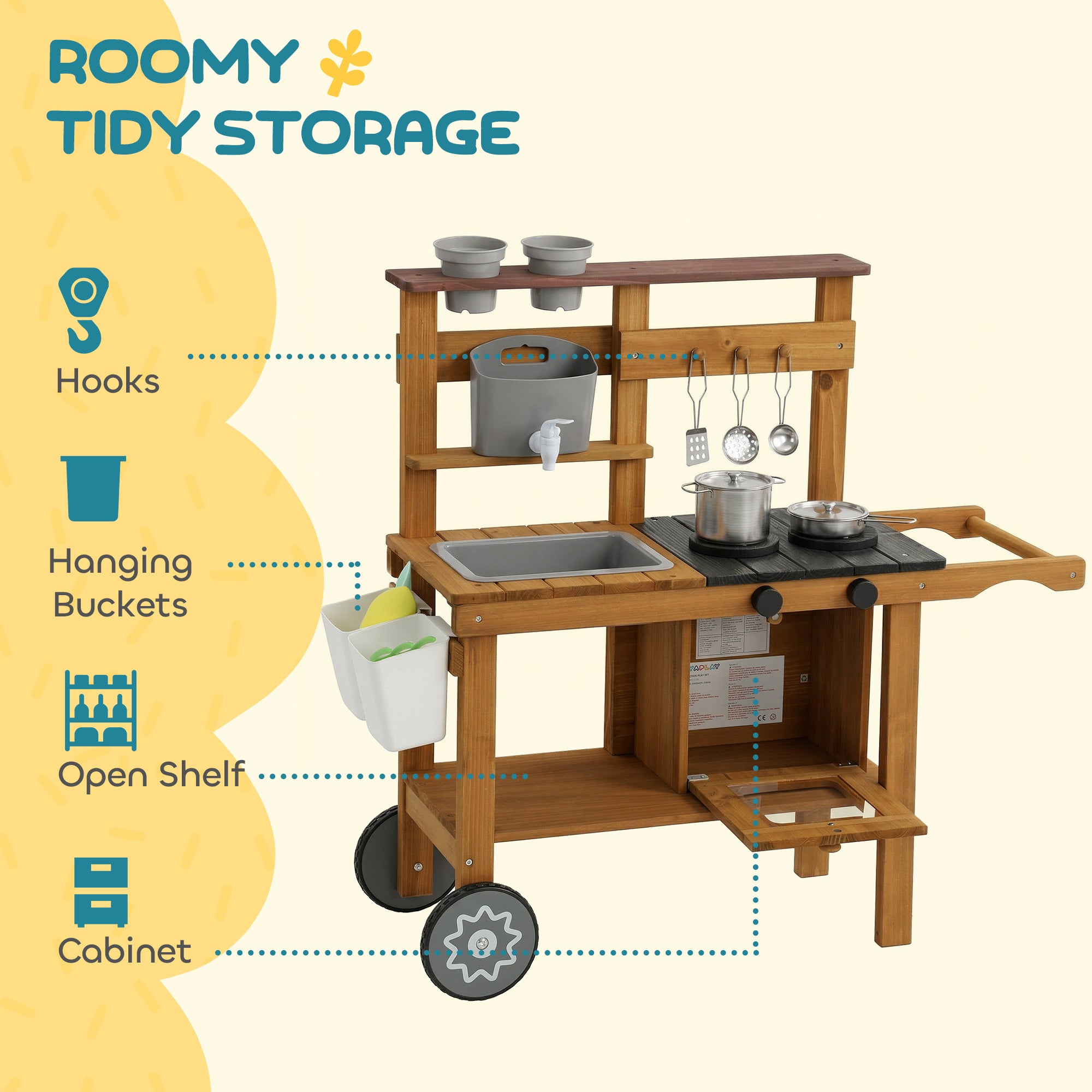 AIYAPLAY Wooden Mud Kitchen with Wheels, Stove, Faucet, Flower Pots, Stainless Steel Accessories for Toddlers 3-6, Brown 