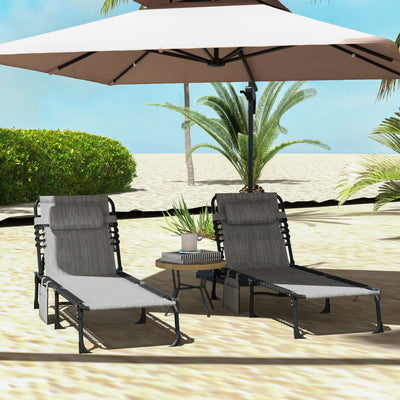 Outsunny Portable Sun Lounger Set of 2, Folding Camping Bed Cot, Reclining Lounge Chair 5-position Adjustable Backrest with Side Pocket, Pillow for Patio Garden Beach Pool, Mixed Grey 