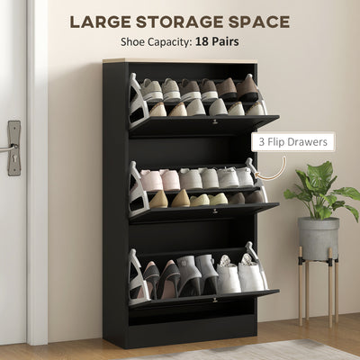 HOMCOM Modern Compact Three-Drawer Shoe Storage Cabinet - Black 