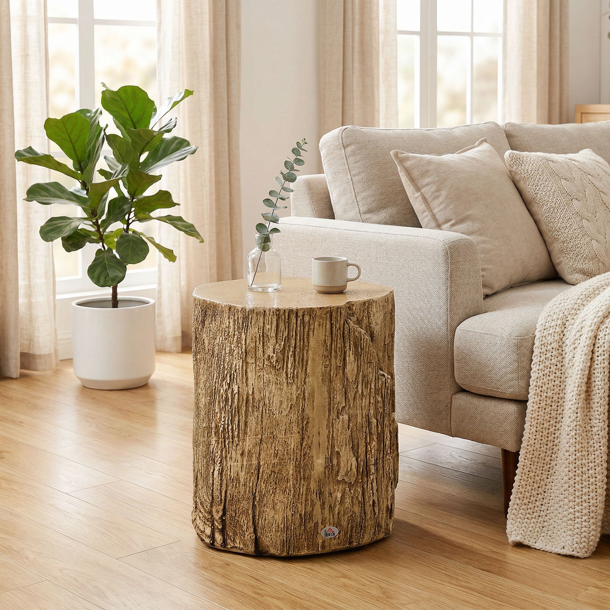 HOMCOM Tree Stump End Table, Round Concrete Side Table for Indoor and Outdoor Use, Natural Wood Effect 