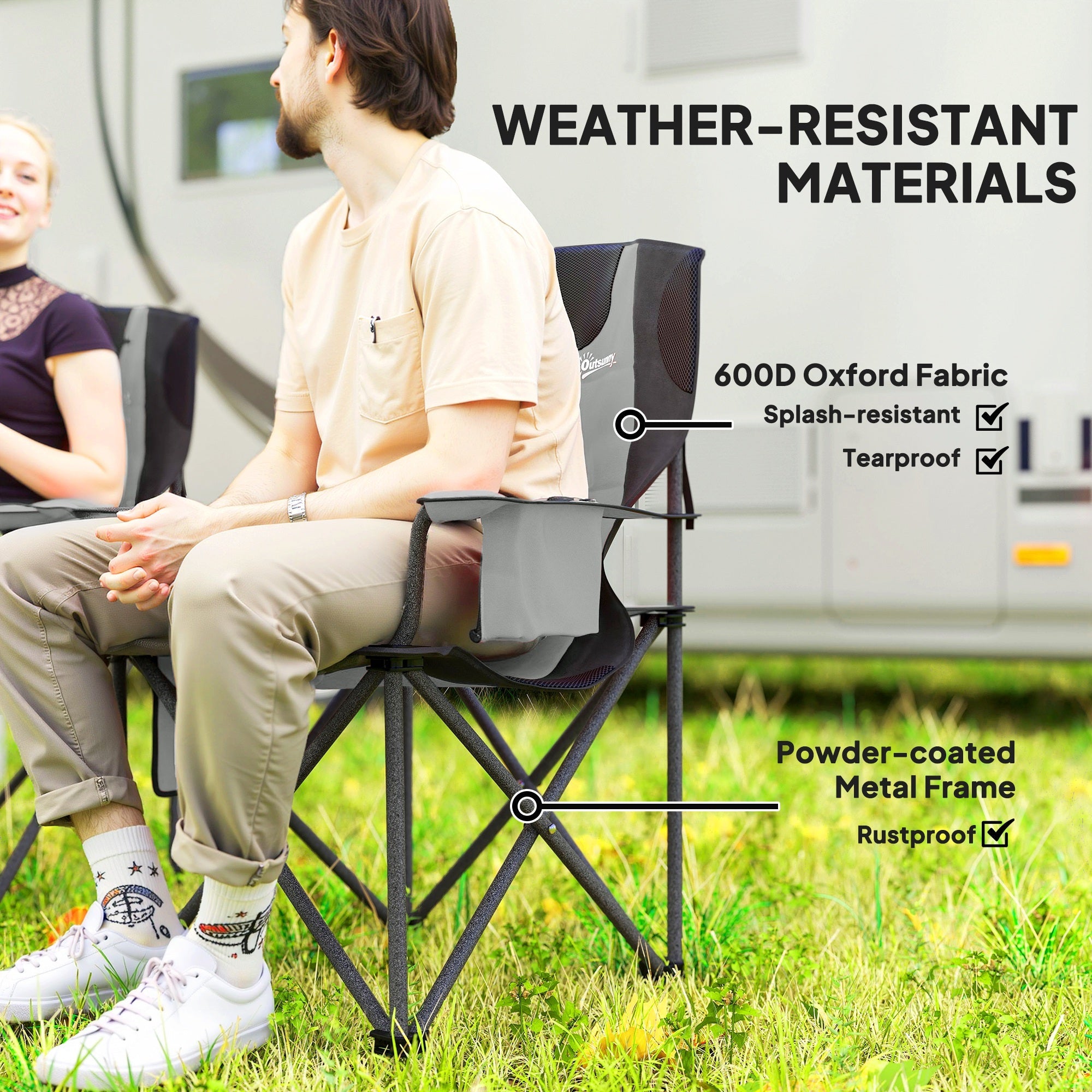 Outsunny Set of 2 Folding Camping Chairs, Padded Camping Chairs with Adjustable Armrests, Portable & Lightweight Folding Camp Chair with Cooler Bag, Cup Holder and Side Pockets, Grey 